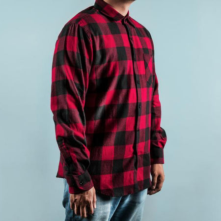 Man wearing chequered red and black shirt